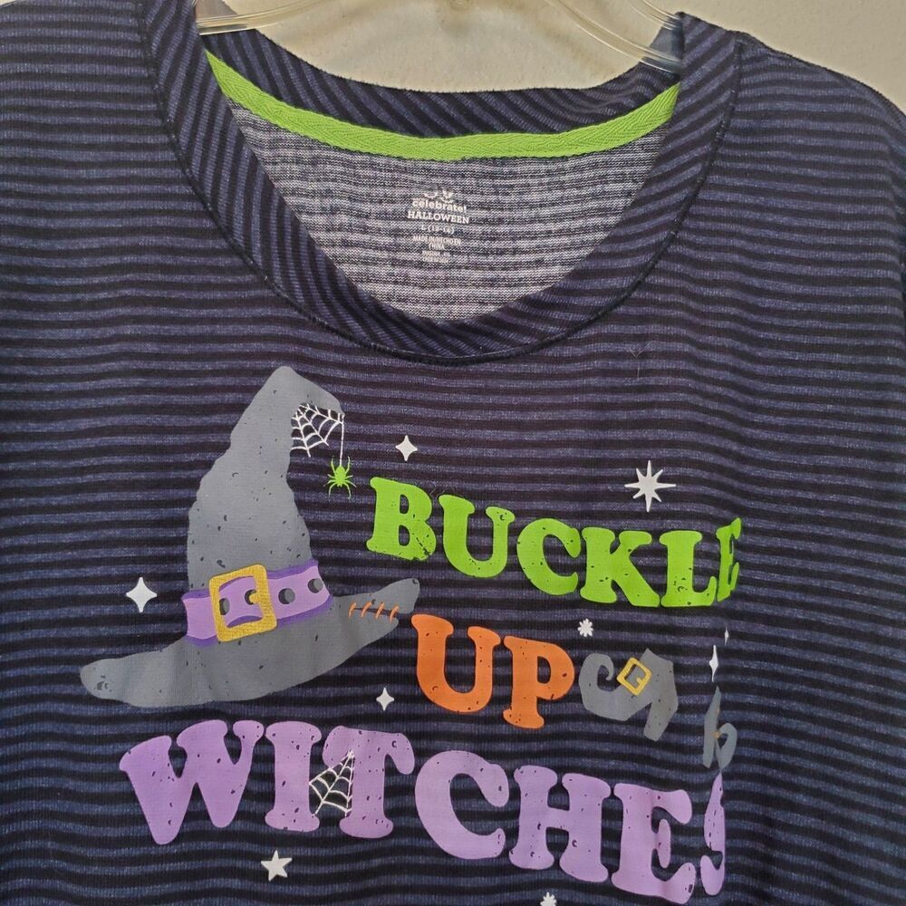 Way To Celebrate Halloween Stripe T-shirt Buckle Up Witches Womens Size L Blue - Picture 2 of 12